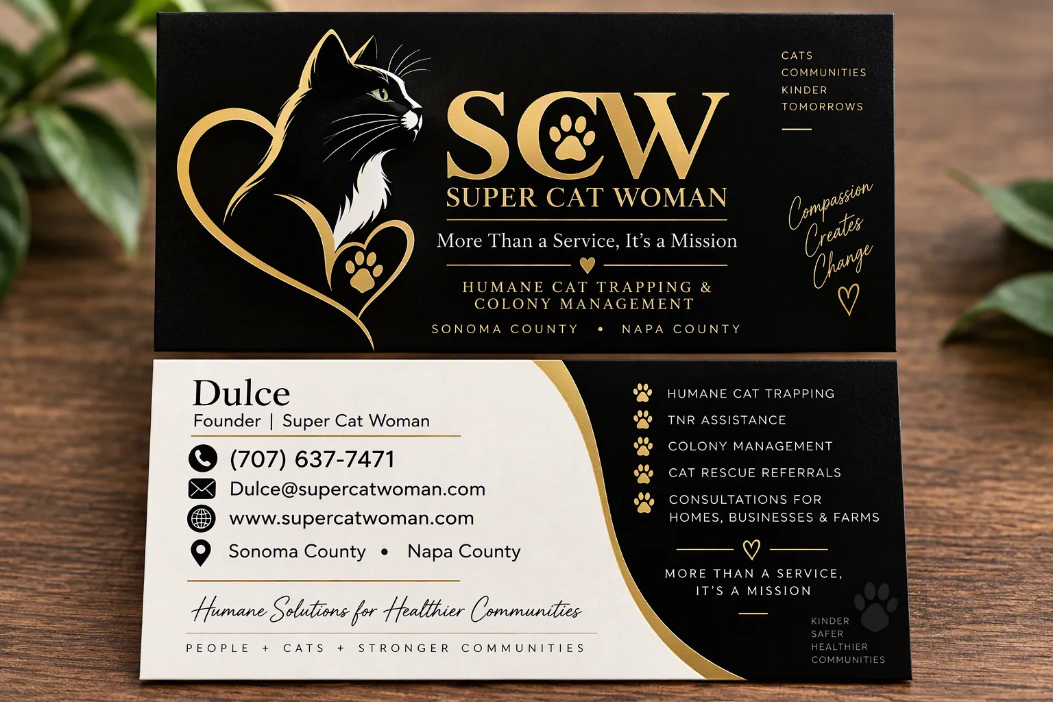 Super Cat Woman black and gold branding and Dulce's business card